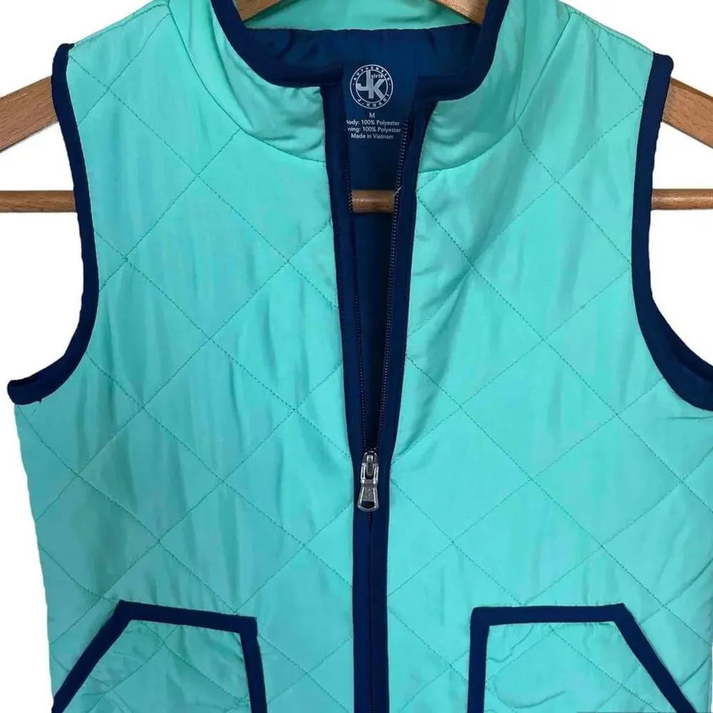 Girls Medium 8 JK Mint & Navy Blue Quilted Zip Up Vest with Pockets